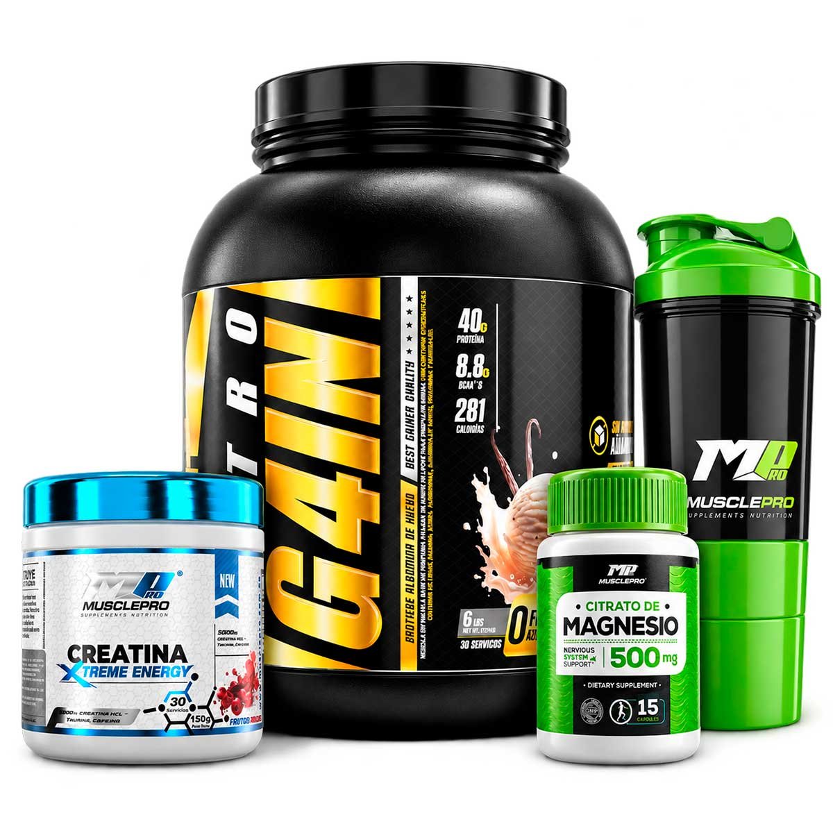 Pack Nitro Gain 6 lb + Creatina Xtreme Energy + Citrato de Magnesio + Shaker MusclePro
